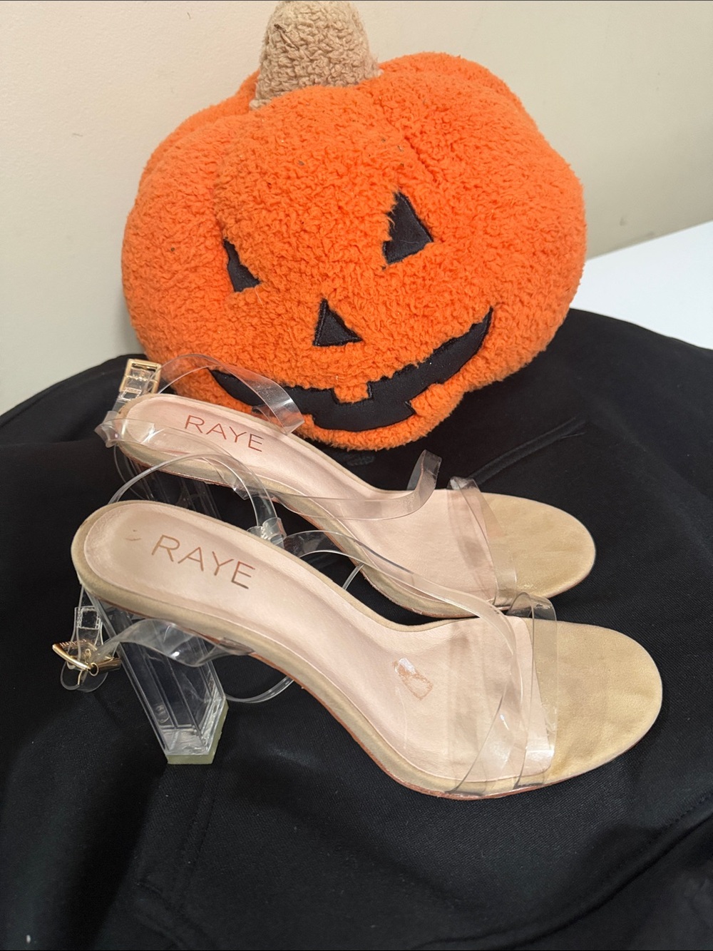 RAYE Clear Strap Block Heels with Nude Footbed